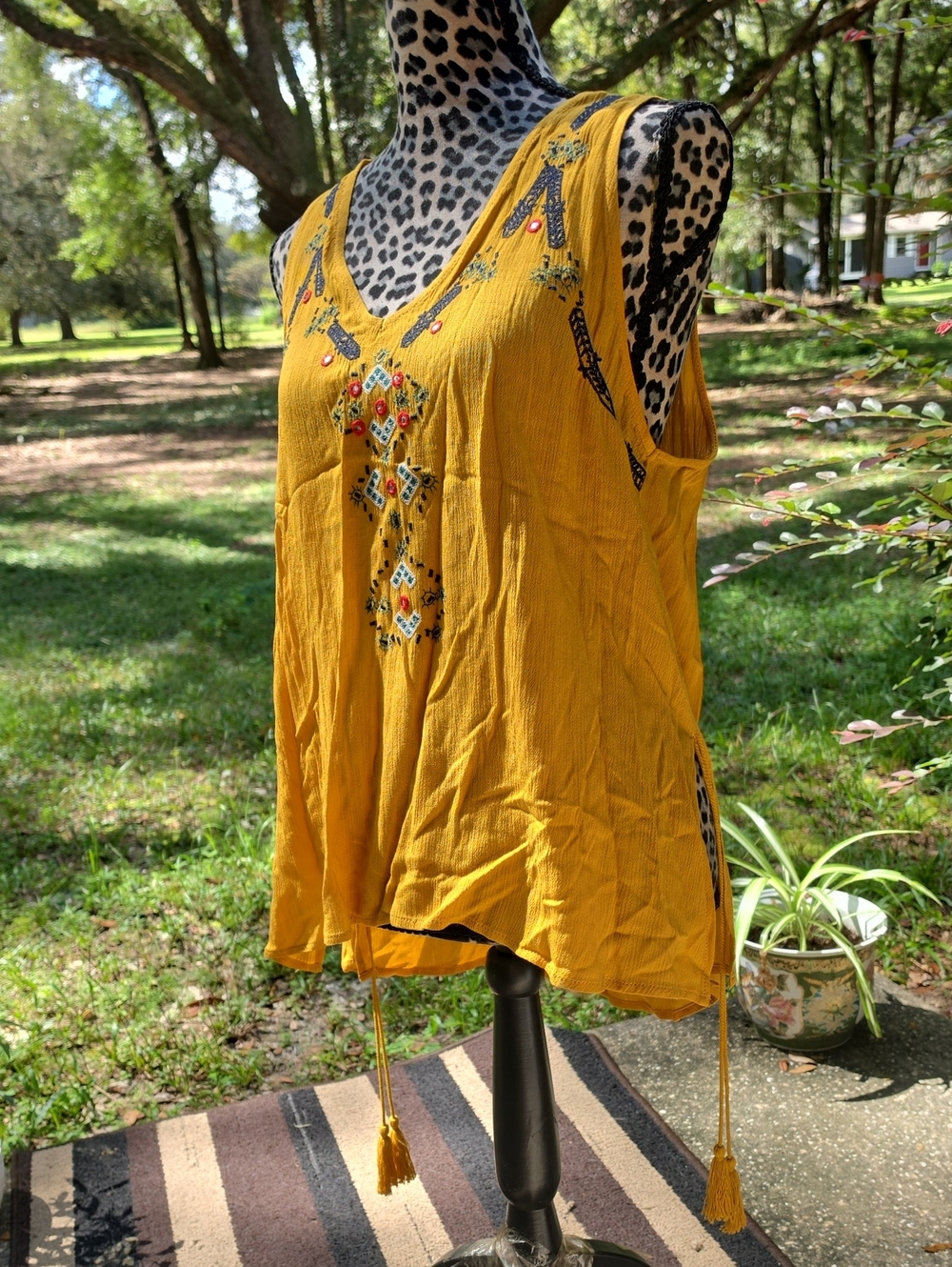 Eyeshadow Mustard Yellow Embroidered V-Neck Camisole with Tassels